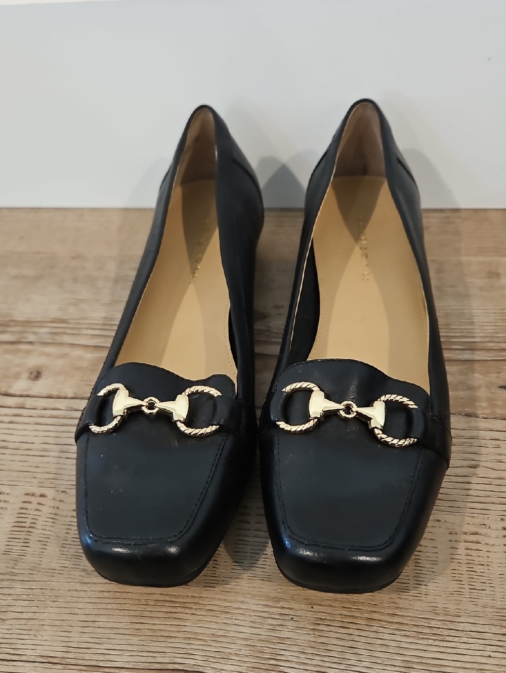 Black Leather Women's Loafers with Gold Horsebit Detail